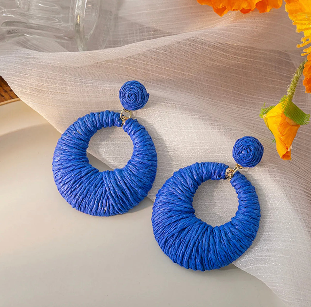 Raffia Circle drop earrings - Royal Blue