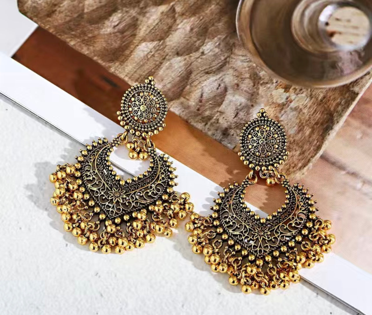 Large gold tone boho bridal earrings