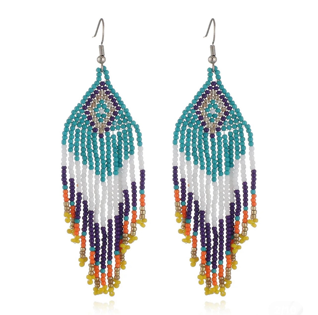 Medium beaded tassel earrings -  Blue/White
