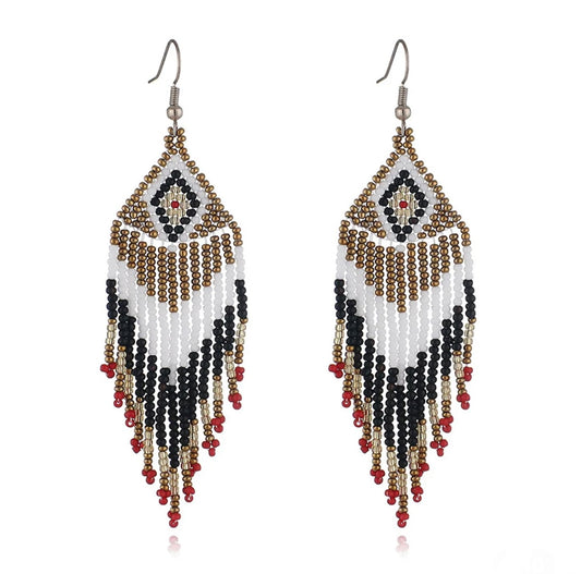 Medium beaded tassel earrings - Gold/White