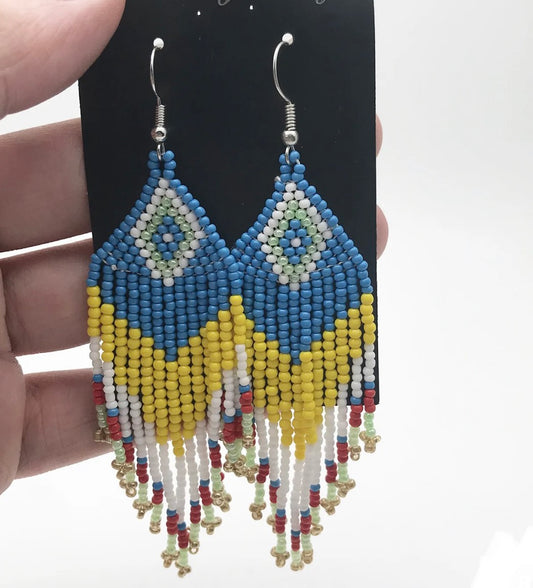 Medium beaded tassel earrings - Blue /Yellow