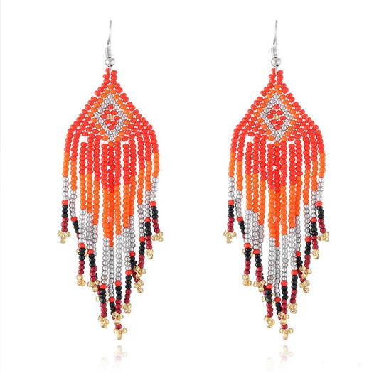 Medium beaded tassel earrings - Red/Silver