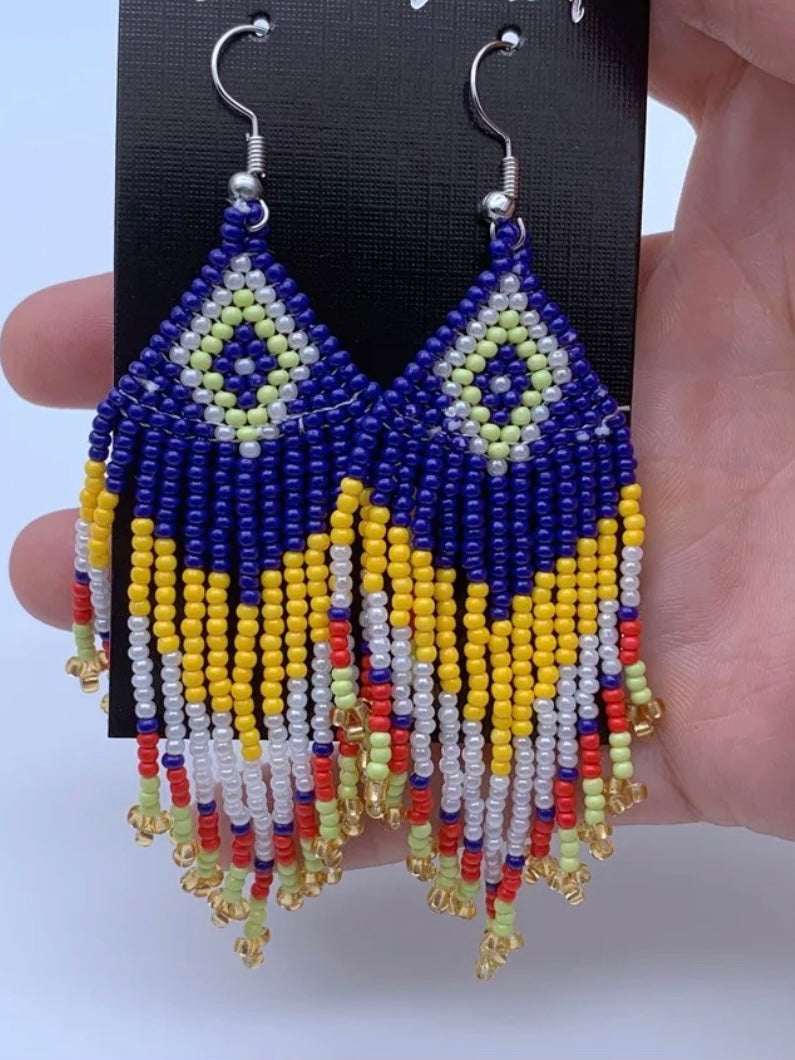 Medium beaded tassel earrings - Navy Blue/Yellow
