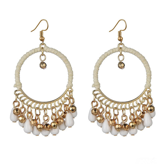 Open circle beaded tassel earrings - White